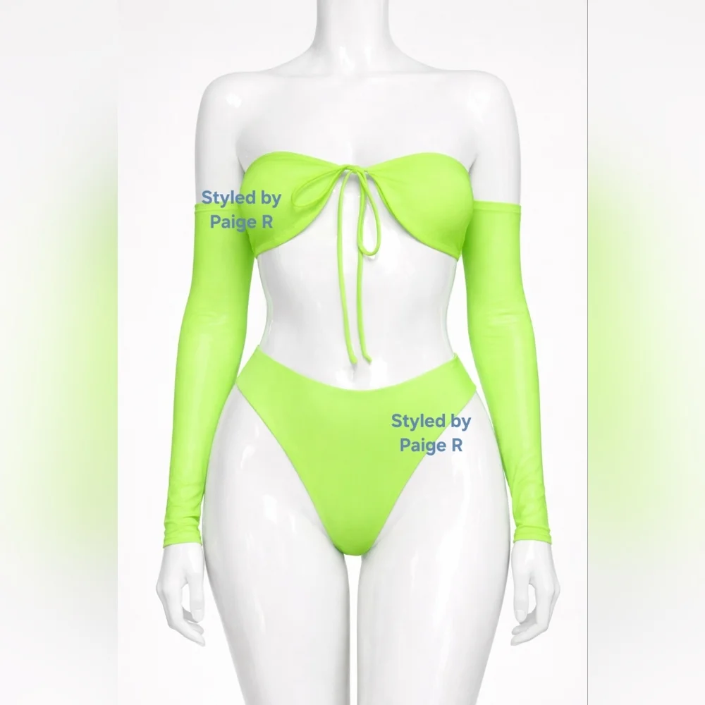 ⛱️NWT SKIMS 2 Piece long sleeve Bikini Top & Midrise bottoms Set NEON GREEN 3X